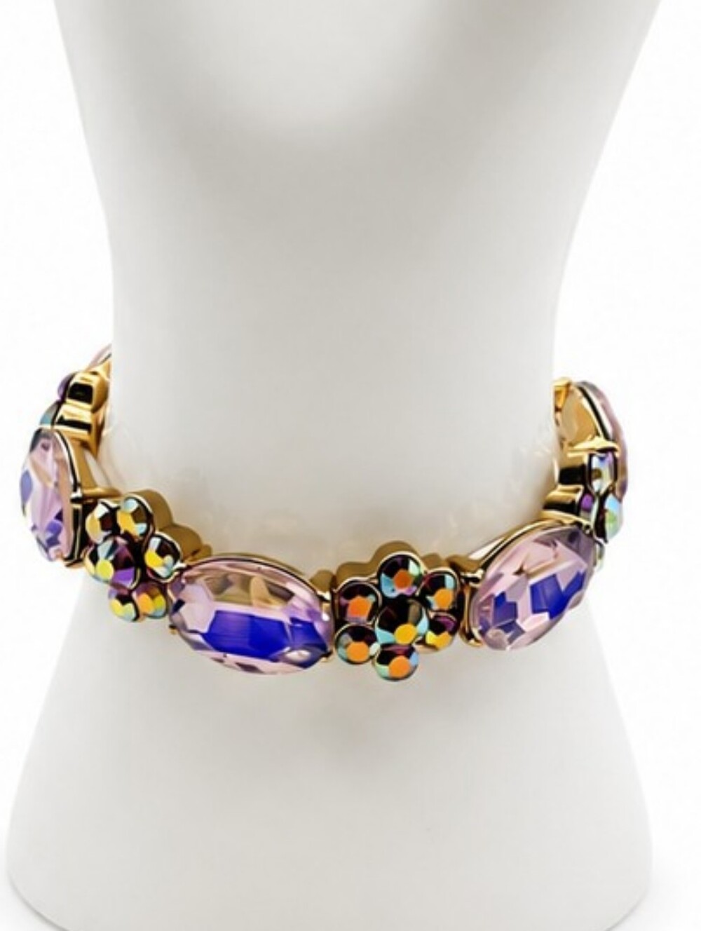 💎Gold Tone Pink Faceted Crystal AB Rhinestone Stretch Bracelet Statement NWOT